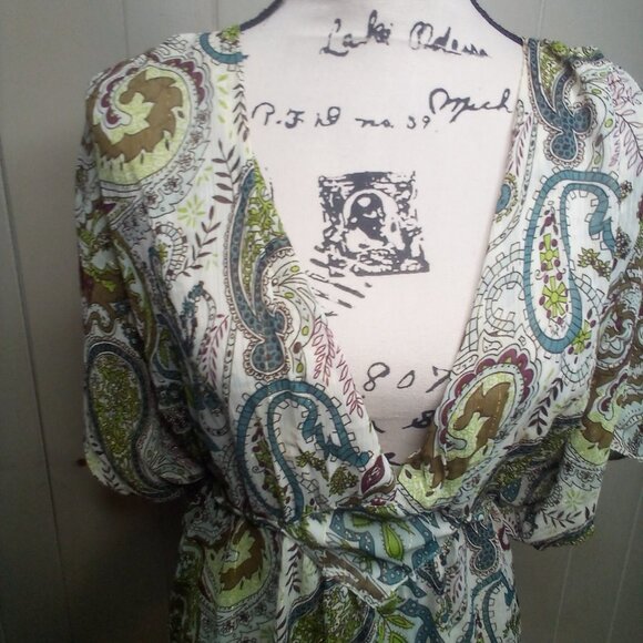 Paper Tee Blouse XL V-Neck Sheer Paisley Green Brown Blue - Picture 8 of 13